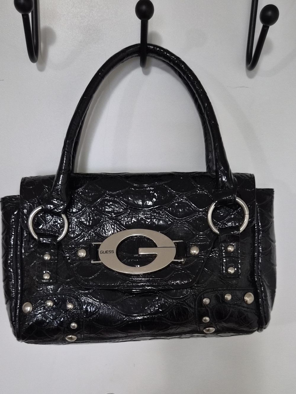 GUESS Black Patent Croc-Embossed Handbag
